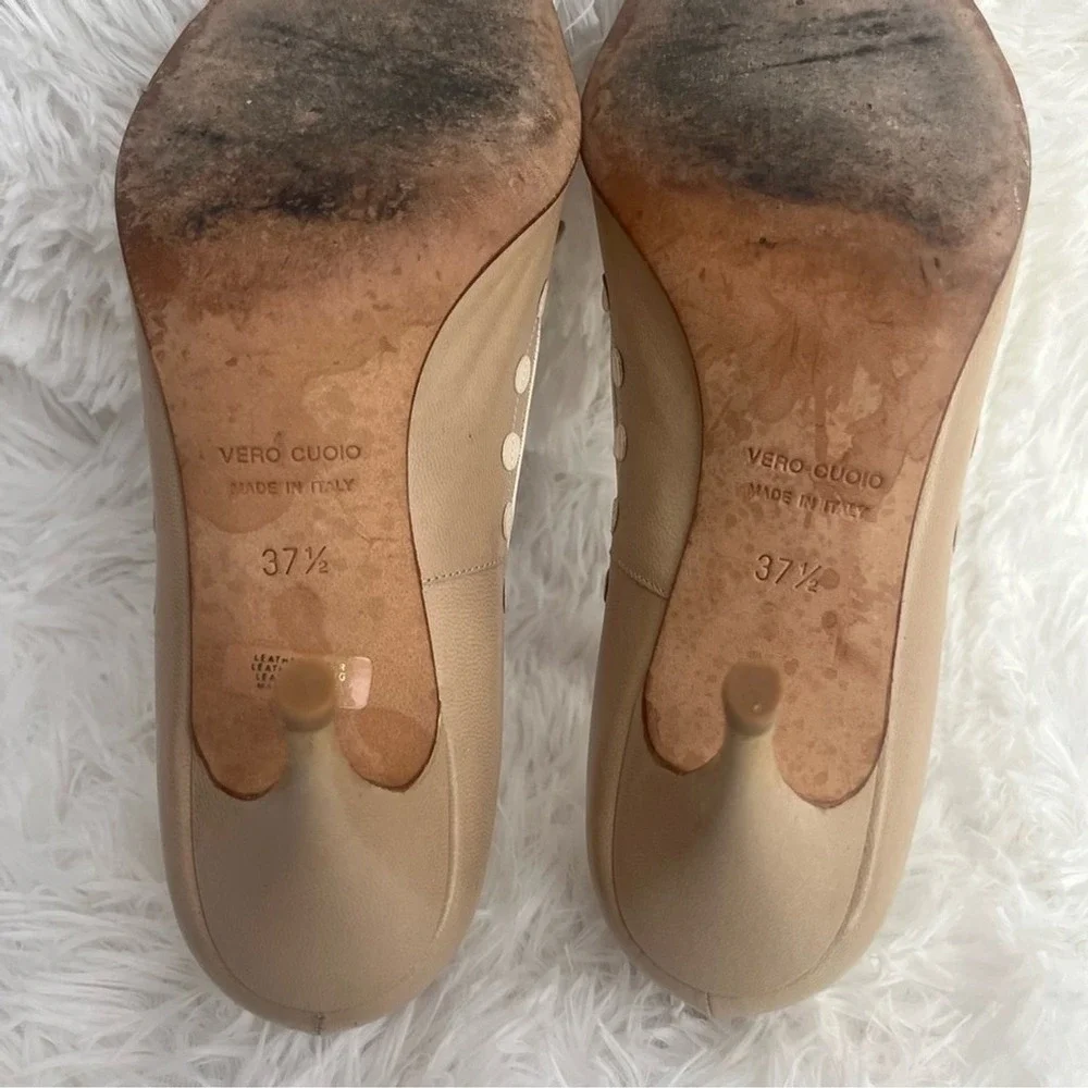 L'Autre Chose Tan Leather Peep Toe Polka Dot Studded Heels Pumps US 7.5‎ 37.5